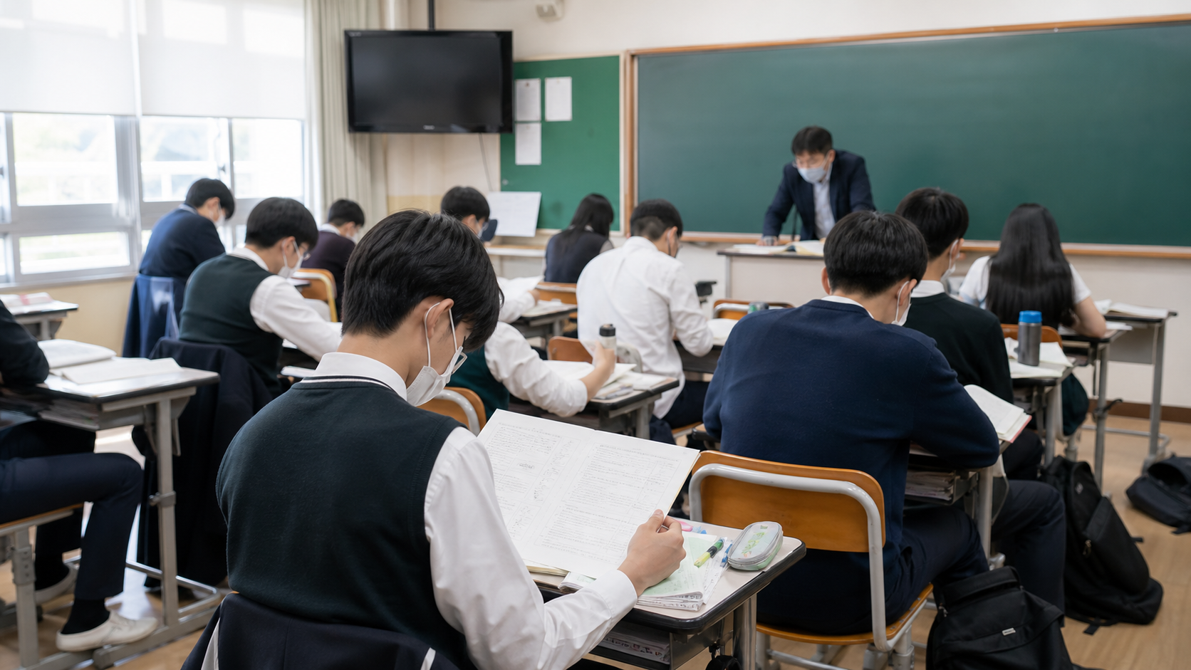 교실에서 학생들이 모의고사 자료를 검토하고 교사가 시험 운영을 확인하는 장면
