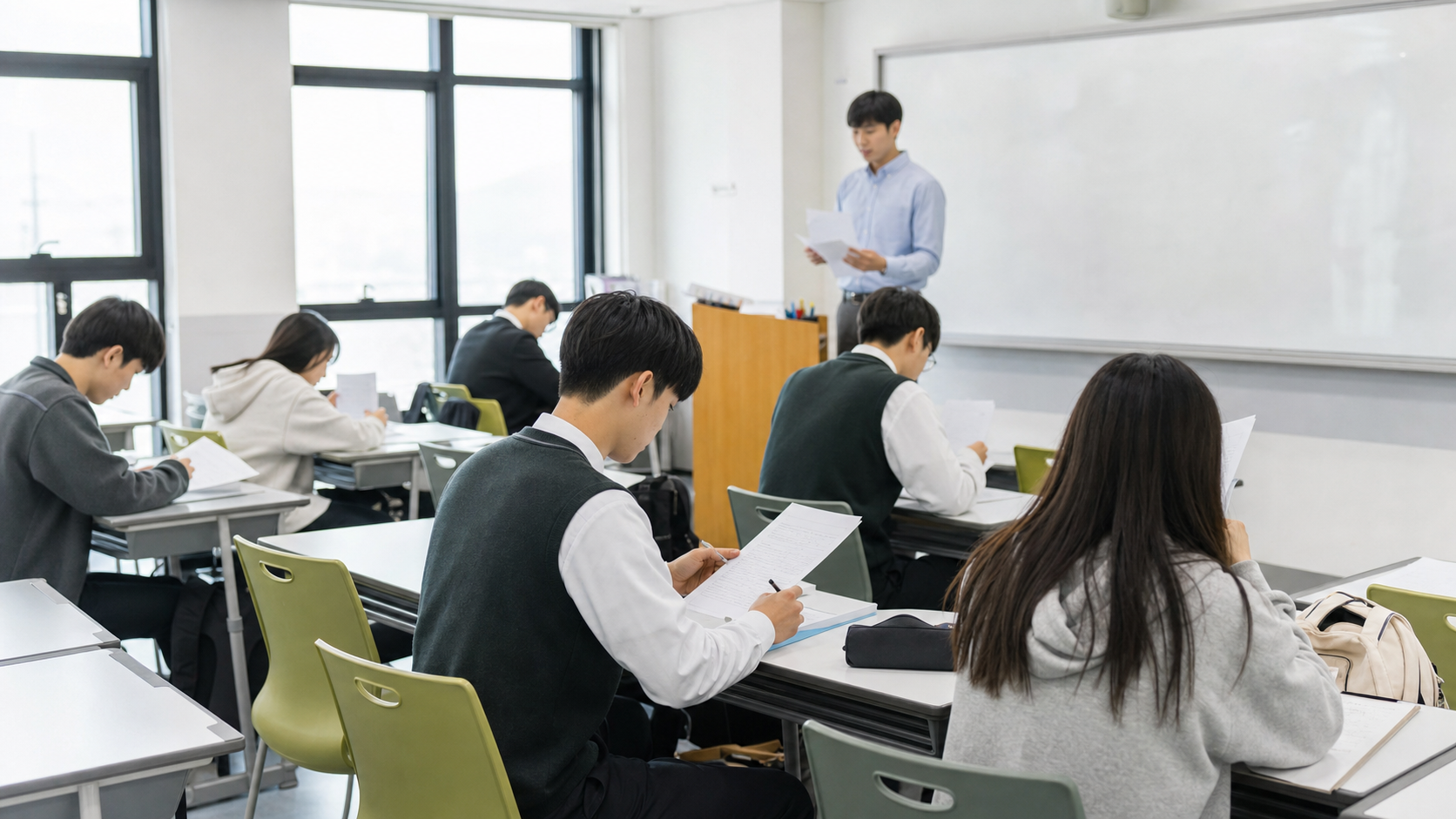 학원 상담 담당자가 모의평가 자료와 학생 기록지를 정리하는 장면