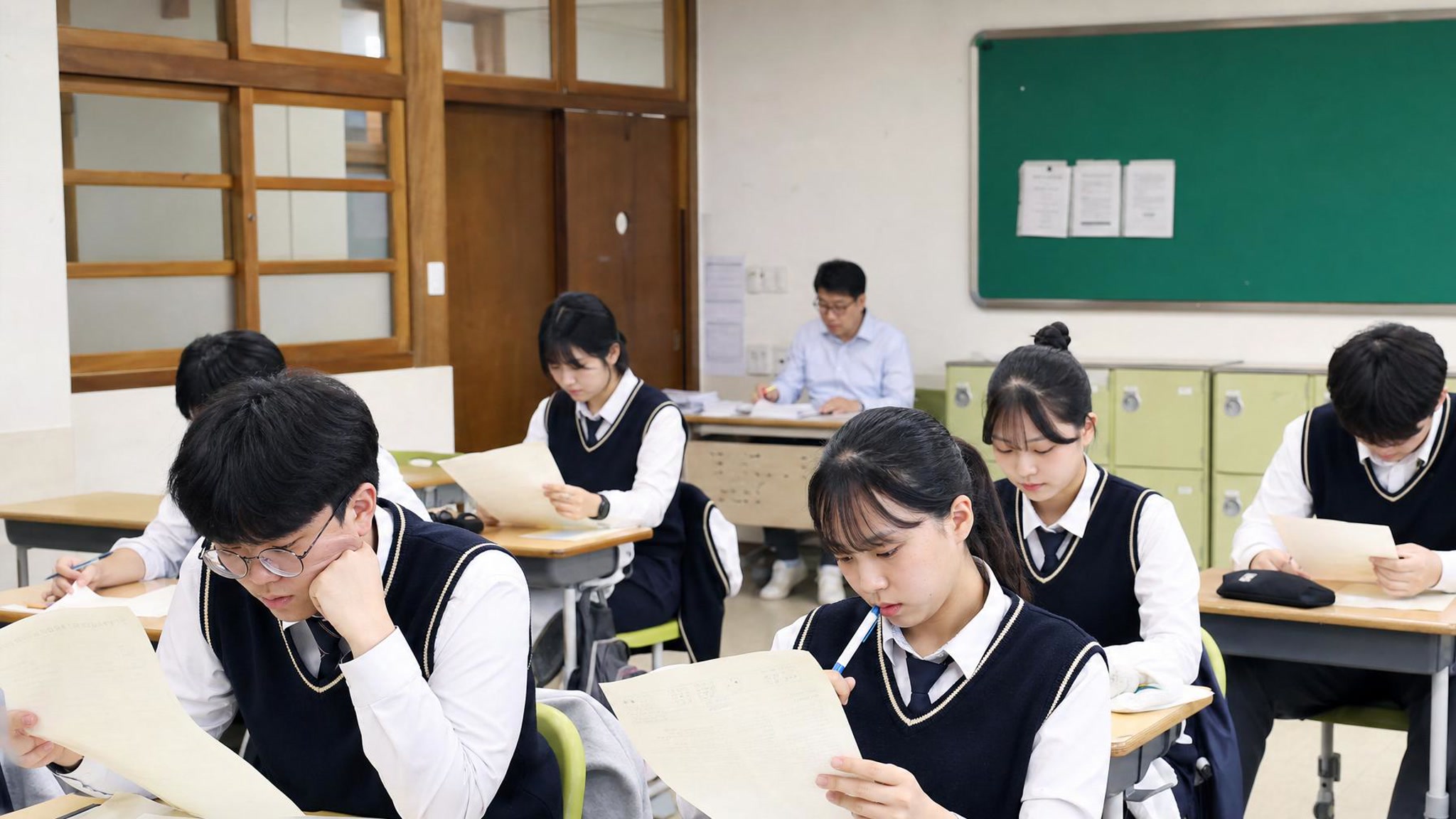 6월 모의평가 이후 자료를 검토하는 한국 고등학생 교실 장면